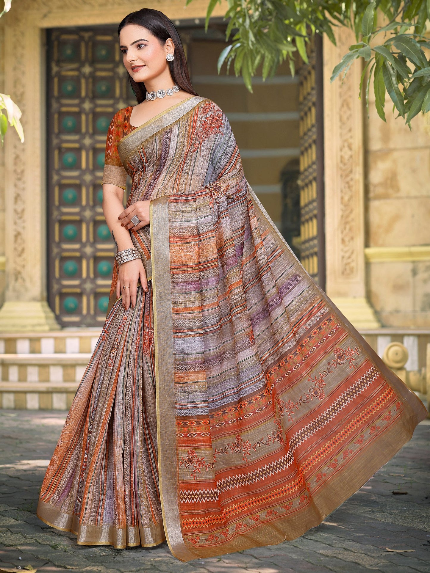 Brown Block Print Cotton Linen Digital Print Saree