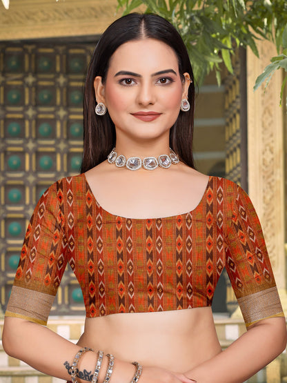 Brown Block Print Cotton Linen Digital Print Saree