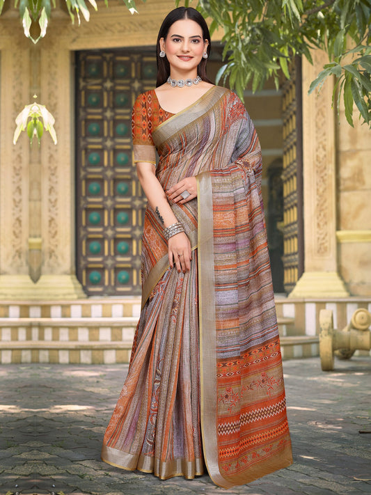 Brown Brown Block Print Cotton Linen Digital Print Saree