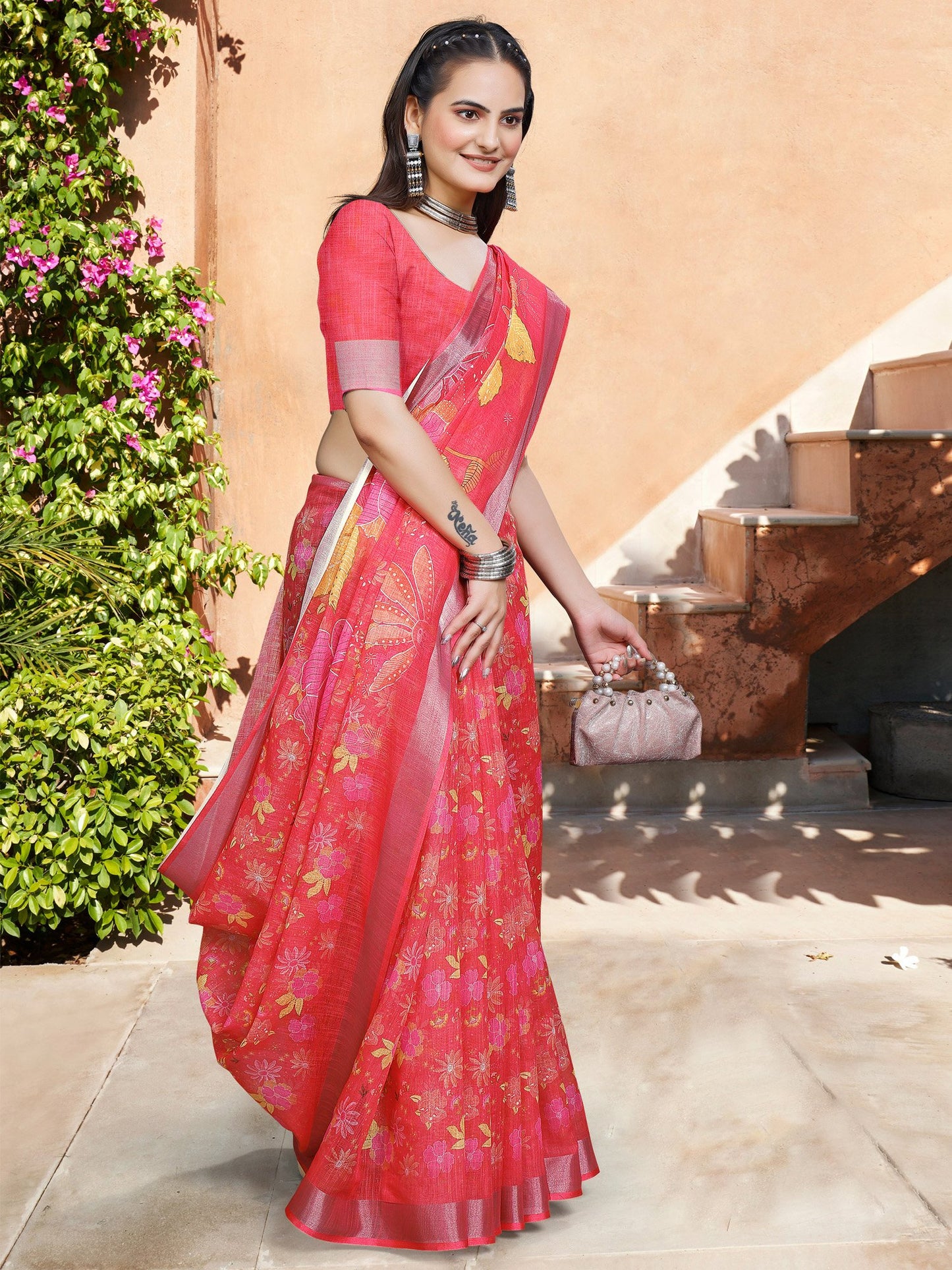 Red Block Print Cotton Linen Digital Print Saree