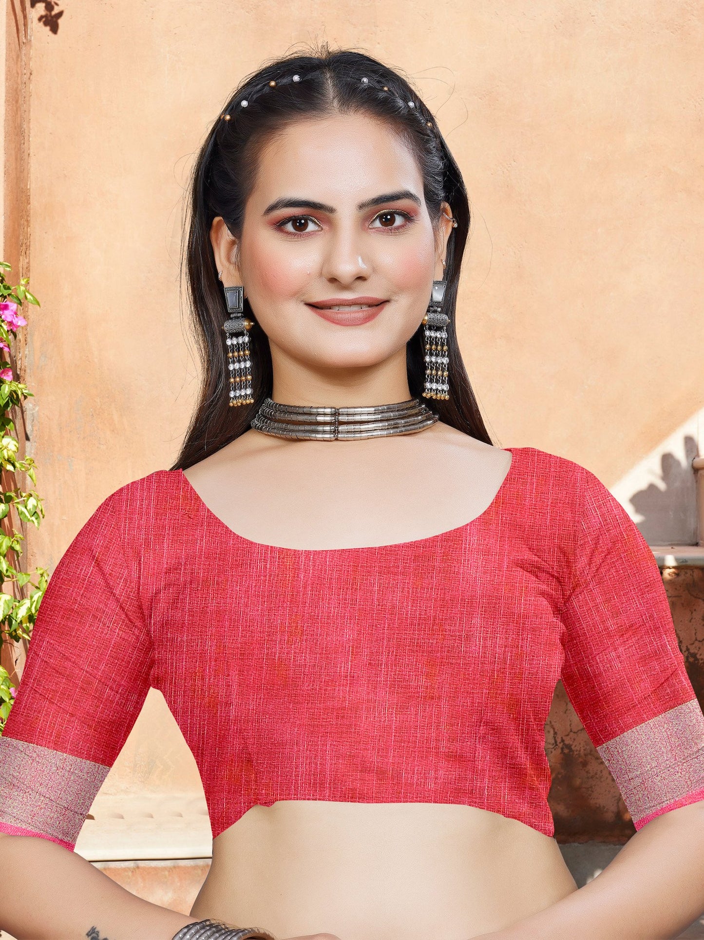 Red Block Print Cotton Linen Digital Print Saree