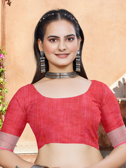 Red Block Print Cotton Linen Digital Print Saree