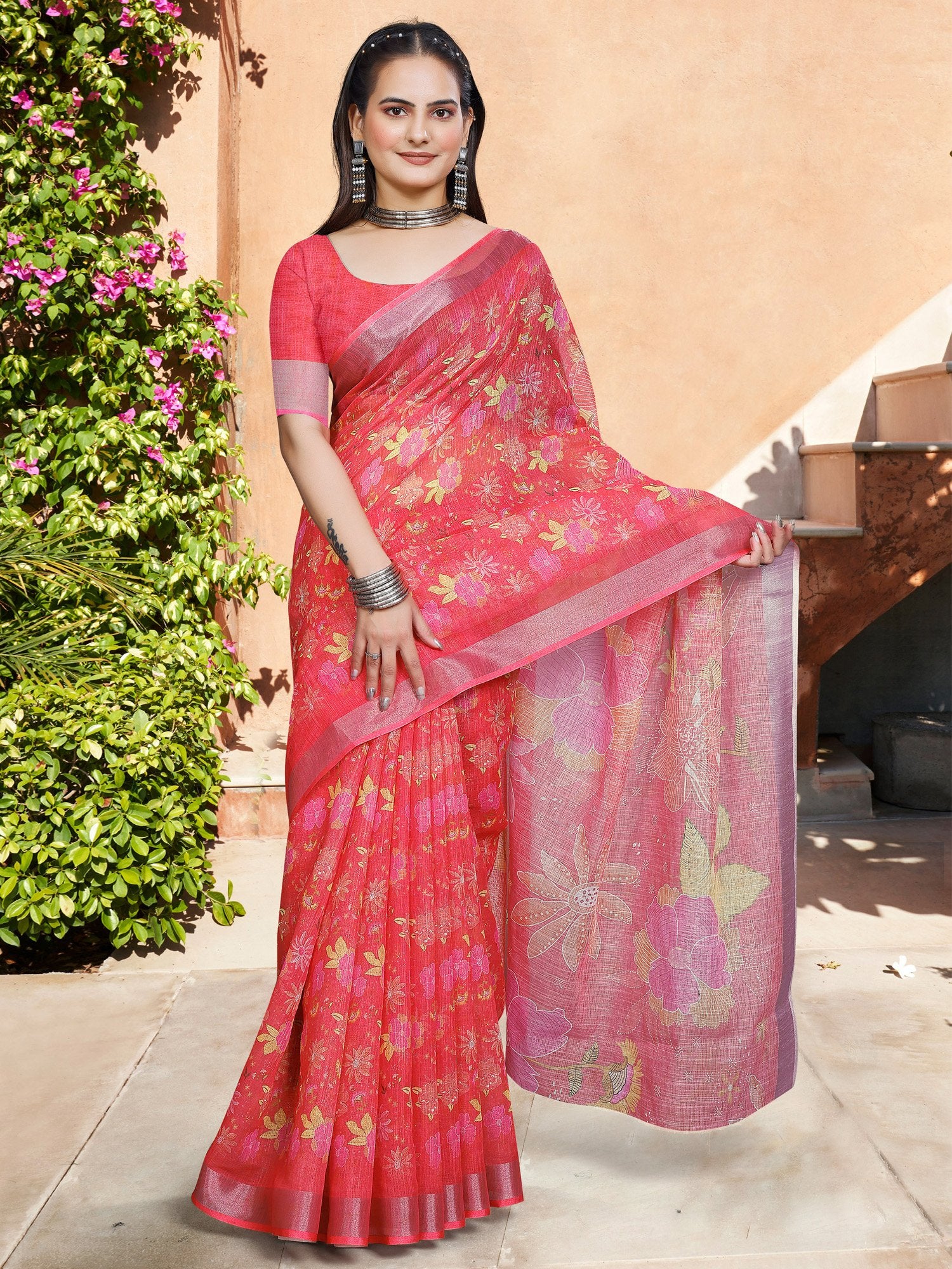 Red Red Block Print Cotton Linen Digital Print Saree