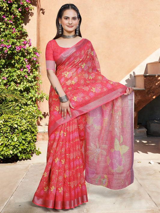 Red Red Block Print Cotton Linen Digital Print Saree