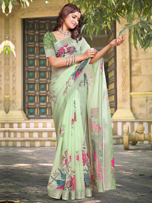Green Light Sungudi Cotton Linen Digital Print Saree