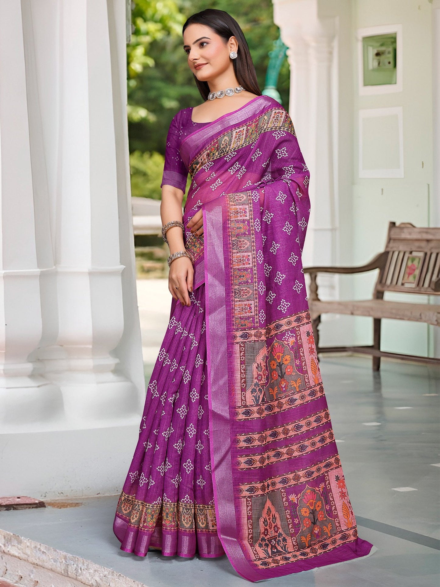 Magenta Sungudi Cotton Linen Digital Print Saree