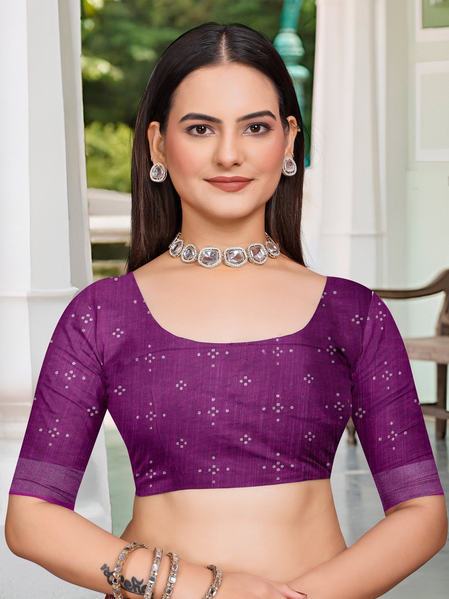 Magenta Sungudi Cotton Linen Digital Print Saree