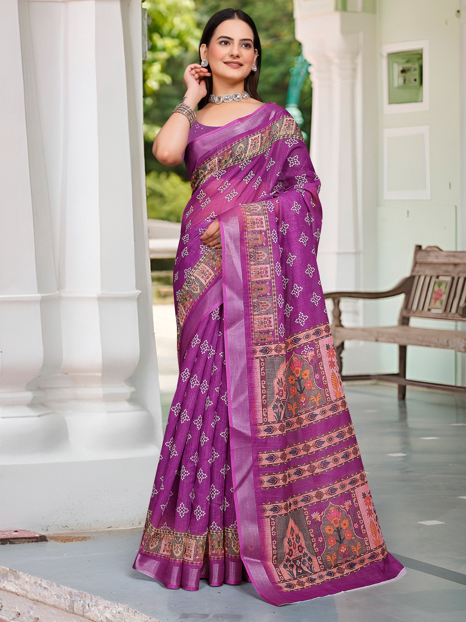 Purple Magenta Sungudi Cotton Linen Digital Print Saree