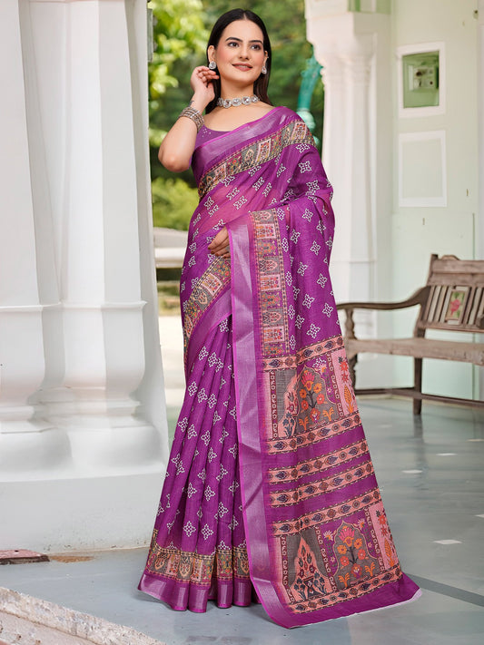 Purple Magenta Sungudi Cotton Linen Digital Print Saree