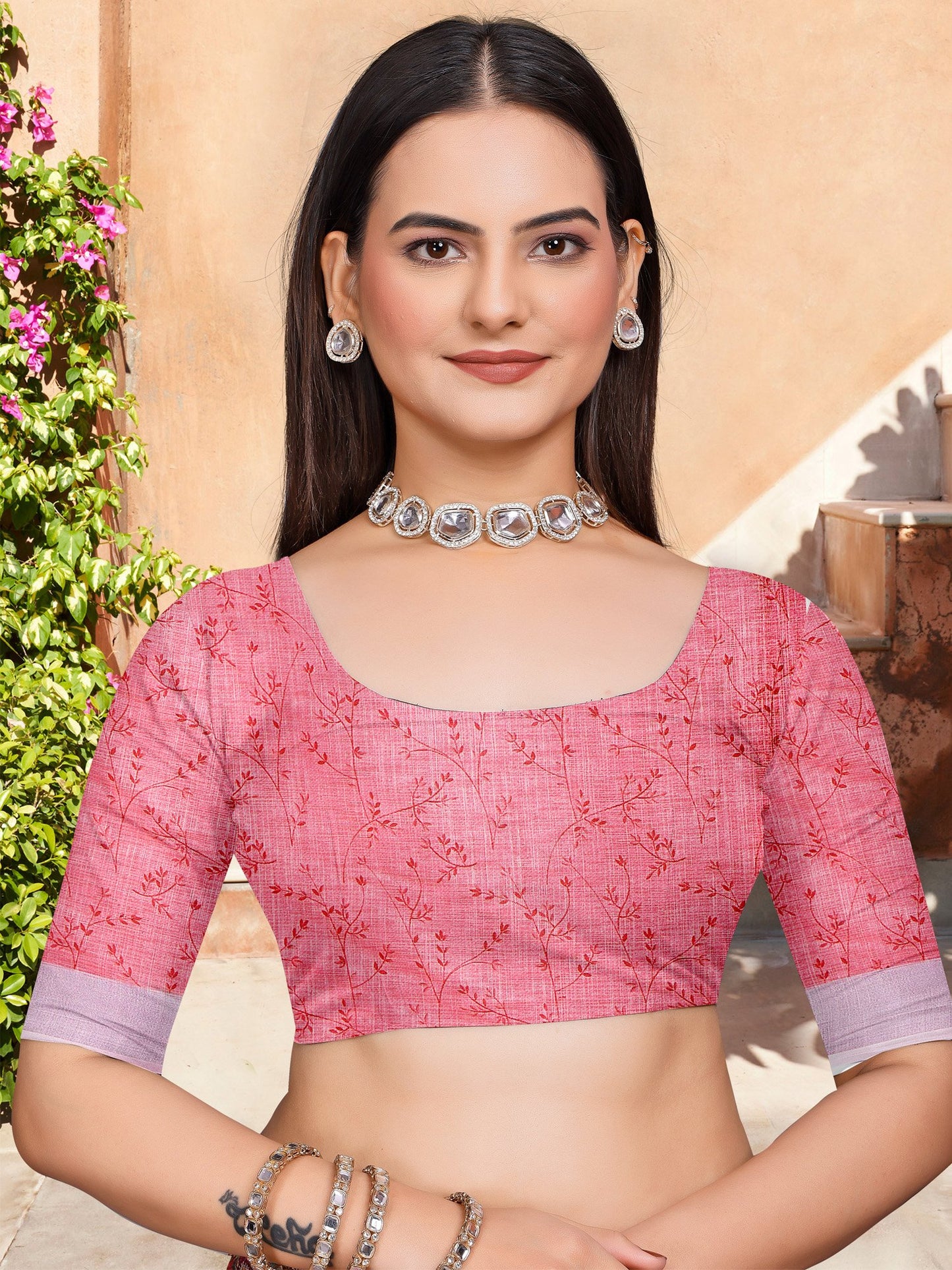 Pink Block Print Cotton Linen Digital Print Saree