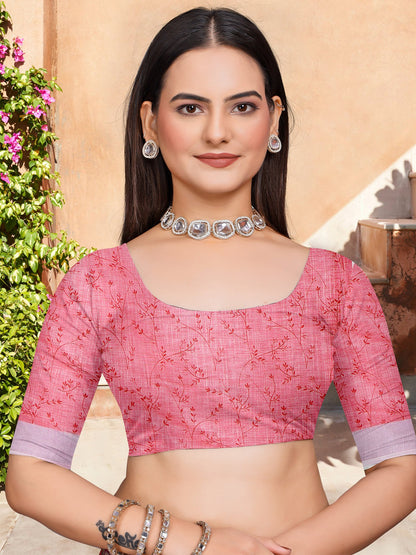 Pink Block Print Cotton Linen Digital Print Saree