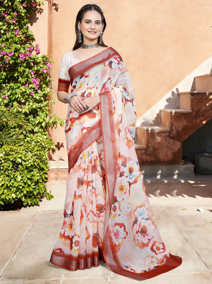 White Off Block Print Cotton Linen Digital Print Saree