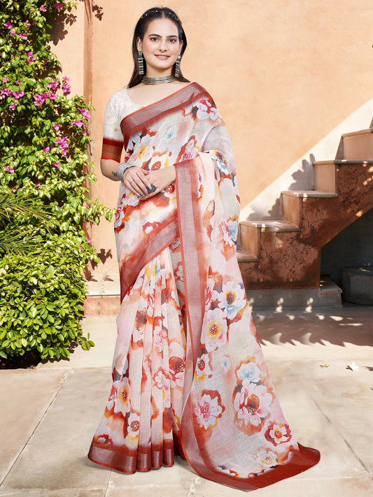 White Off Block Print Cotton Linen Digital Print Saree
