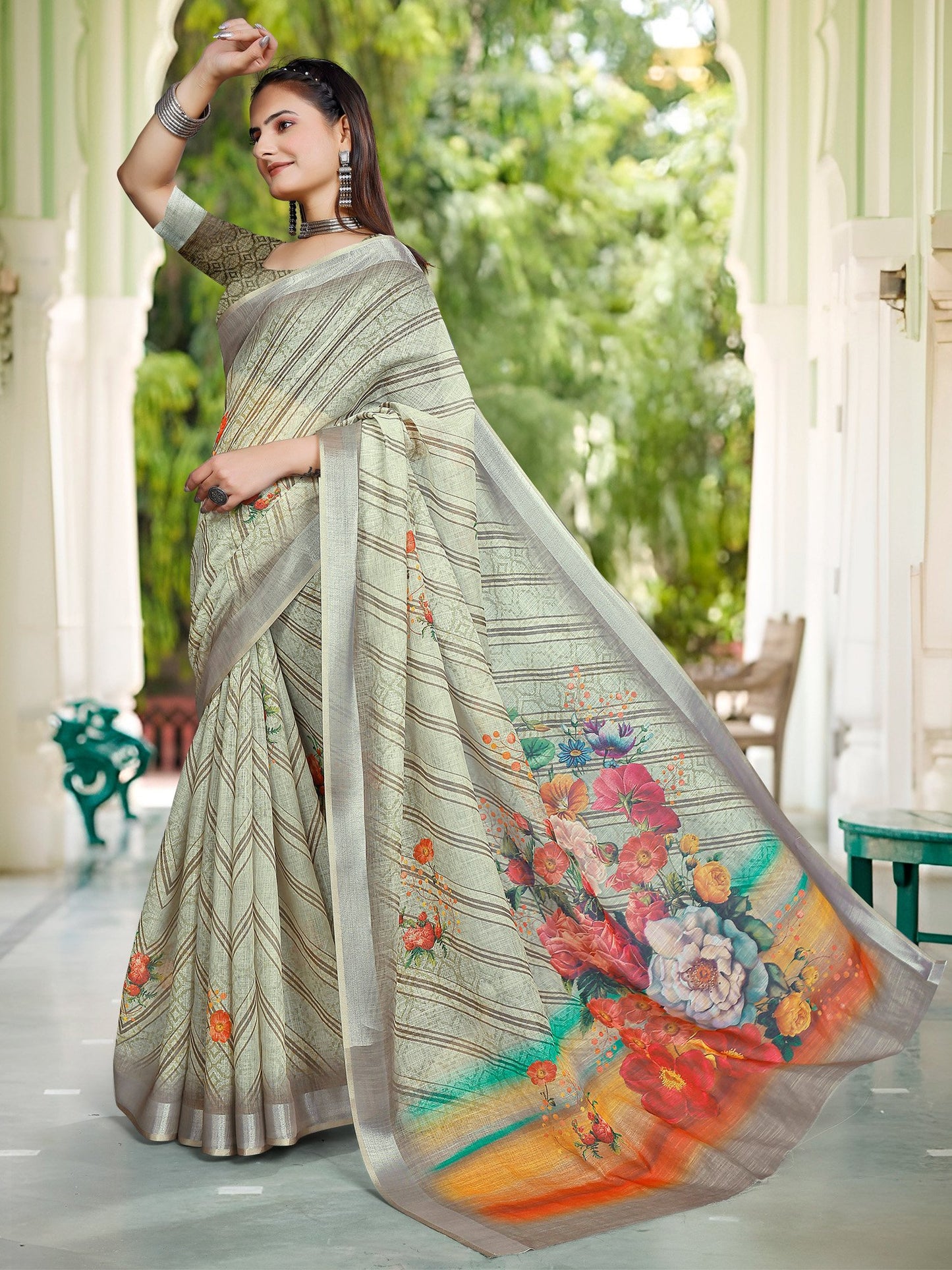 Light Block Print Cotton Linen Digital Print Saree