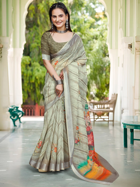 Green Light Block Print Cotton Linen Digital Print Saree