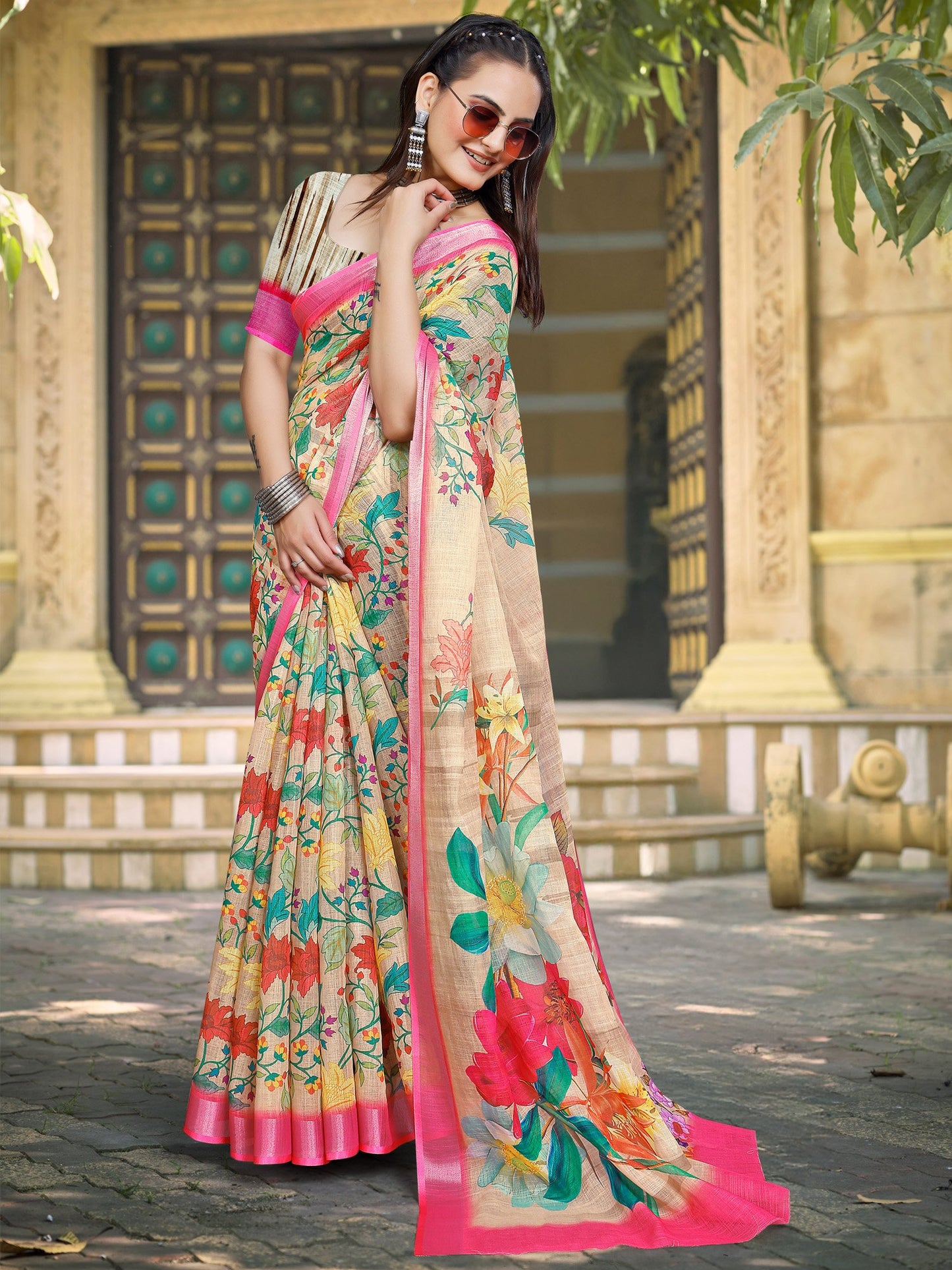 Beige Block Print Cotton Linen Digital Print Saree