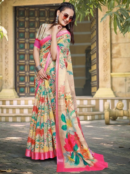 Beige Block Print Cotton Linen Digital Print Saree