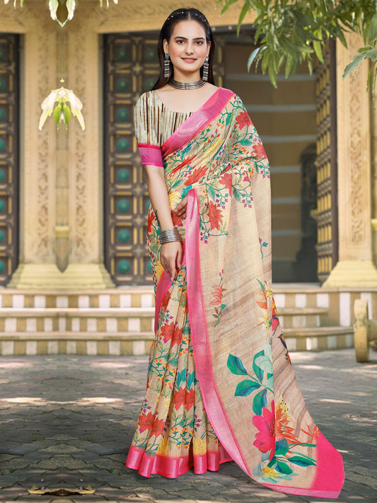 Cream Beige Block Print Cotton Linen Digital Print Saree