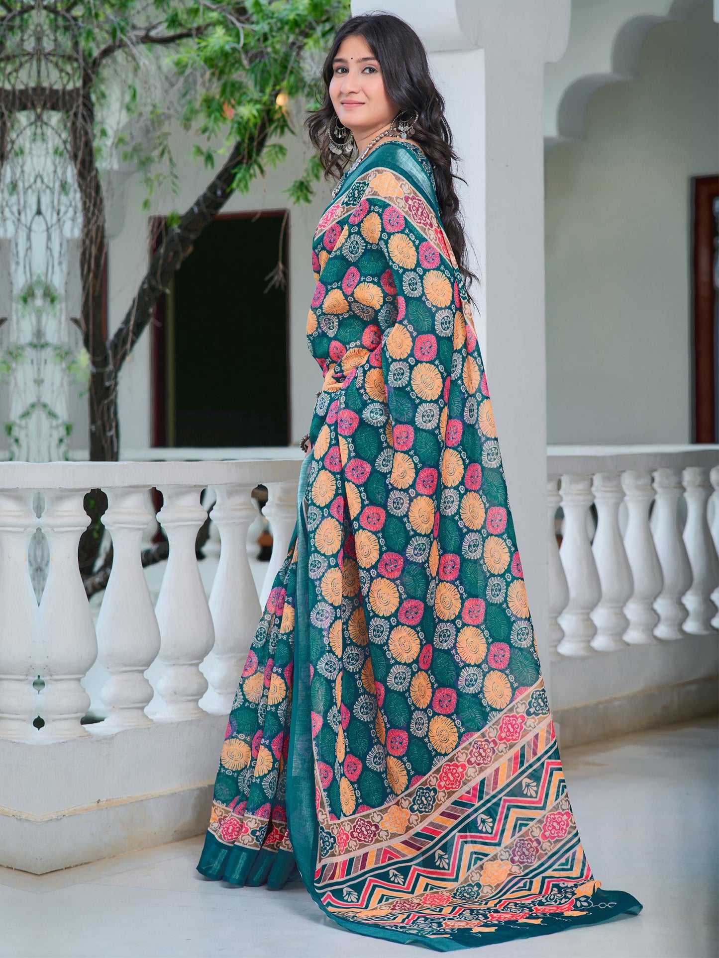 Teal Sungudi Cotton Linen Digital Print Saree