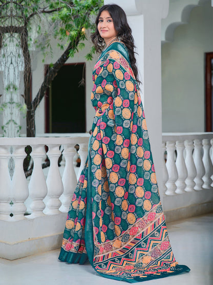 Teal Sungudi Cotton Linen Digital Print Saree
