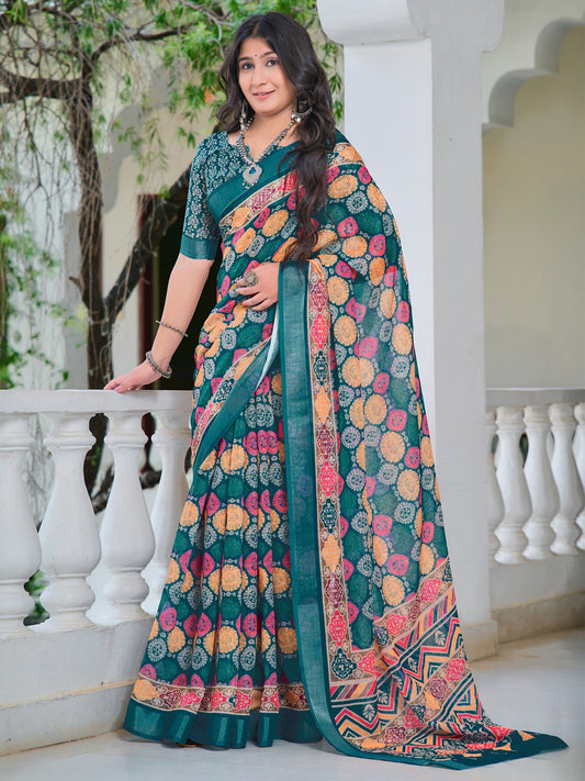 Blue Teal Sungudi Cotton Linen Digital Print Saree