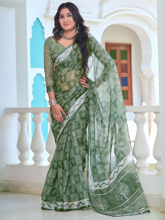 Green Green Sungudi Cotton Linen Digital Print Saree