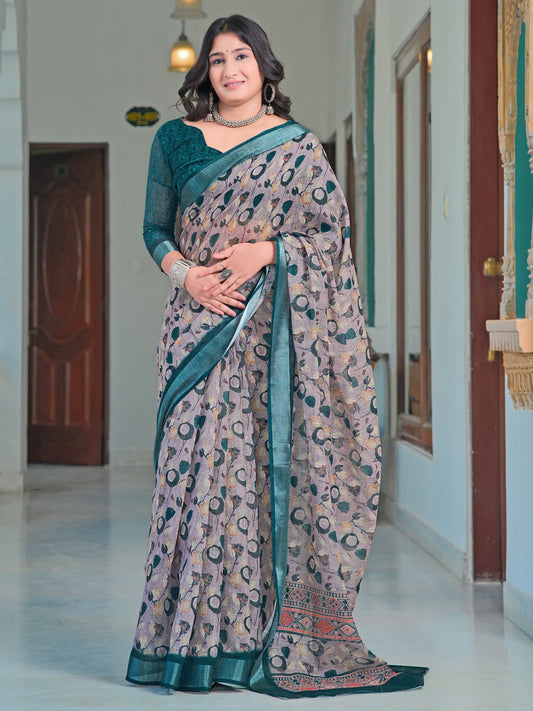 Green Violet Sungudi Cotton Linen Digital Print Saree