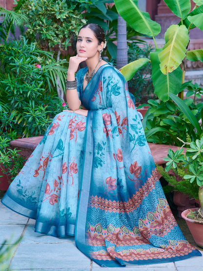 Light Block Print Cotton Linen Digital Print Saree
