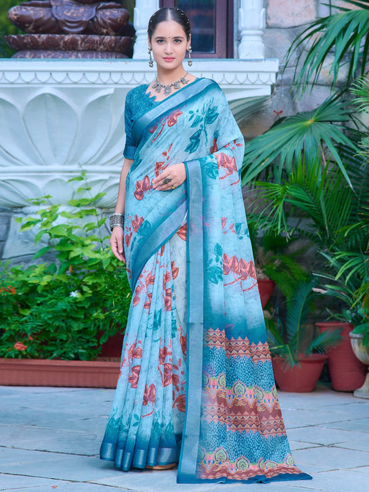 Blue Light Block Print Cotton Linen Digital Print Saree