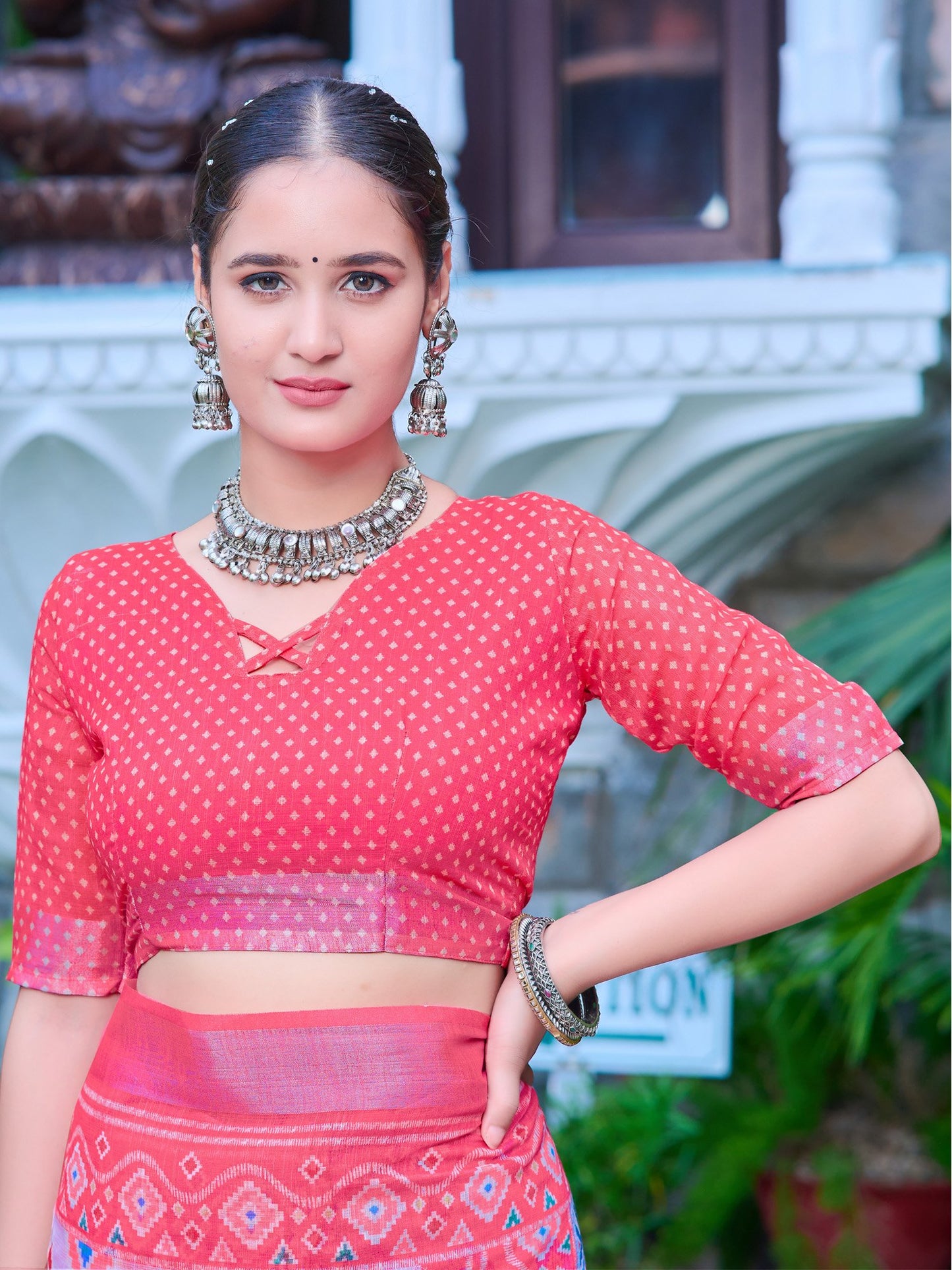 Pink Block Print Cotton Linen Digital Print Saree