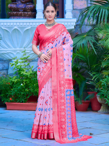 Pink Pink Block Print Cotton Linen Digital Print Saree