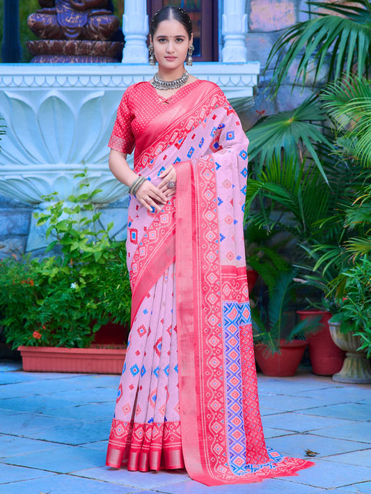 Pink Pink Block Print Cotton Linen Digital Print Saree