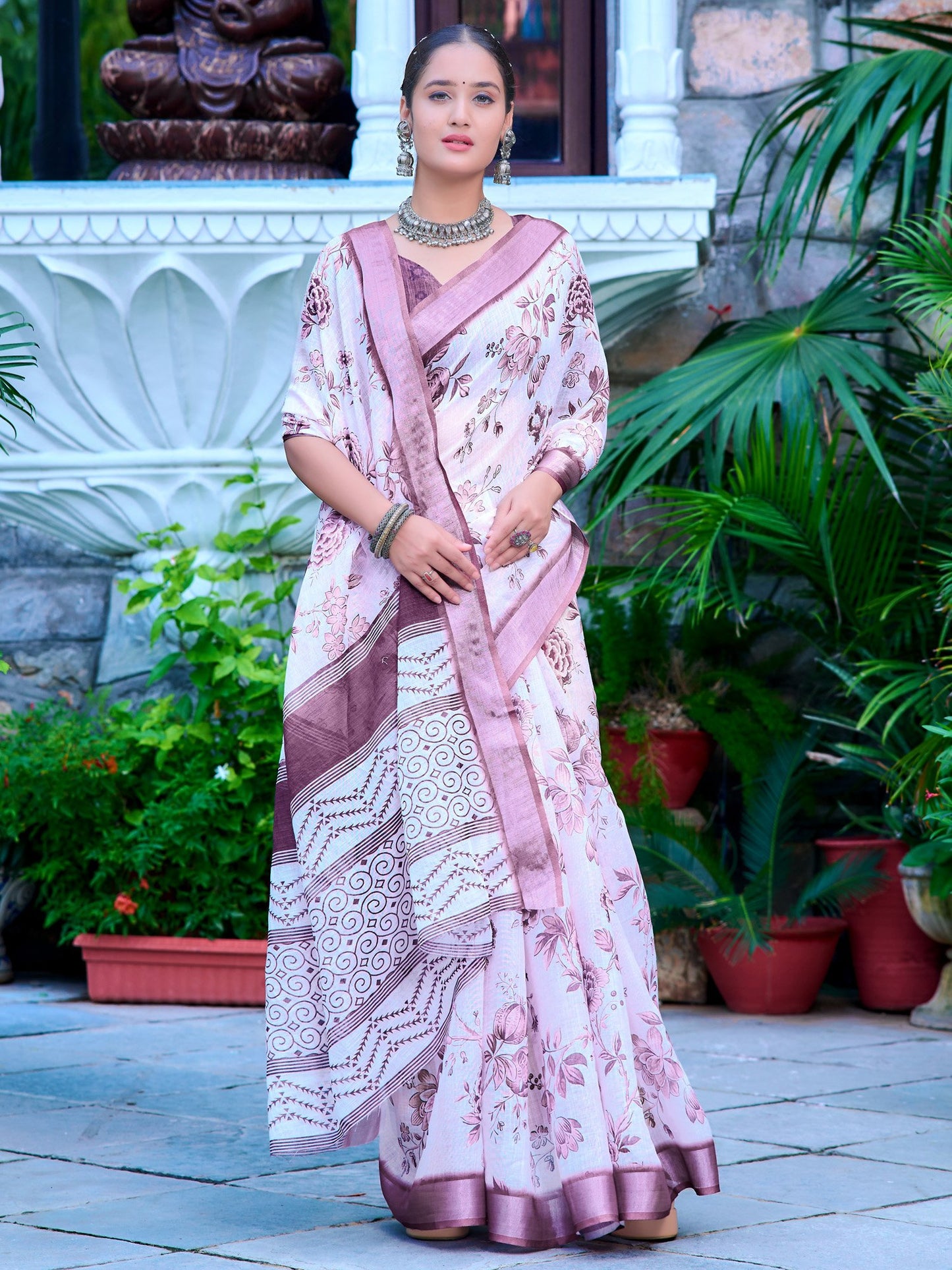 White Block Print Cotton Linen Digital Print Saree