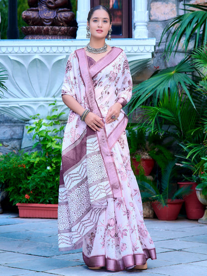 White Block Print Cotton Linen Digital Print Saree