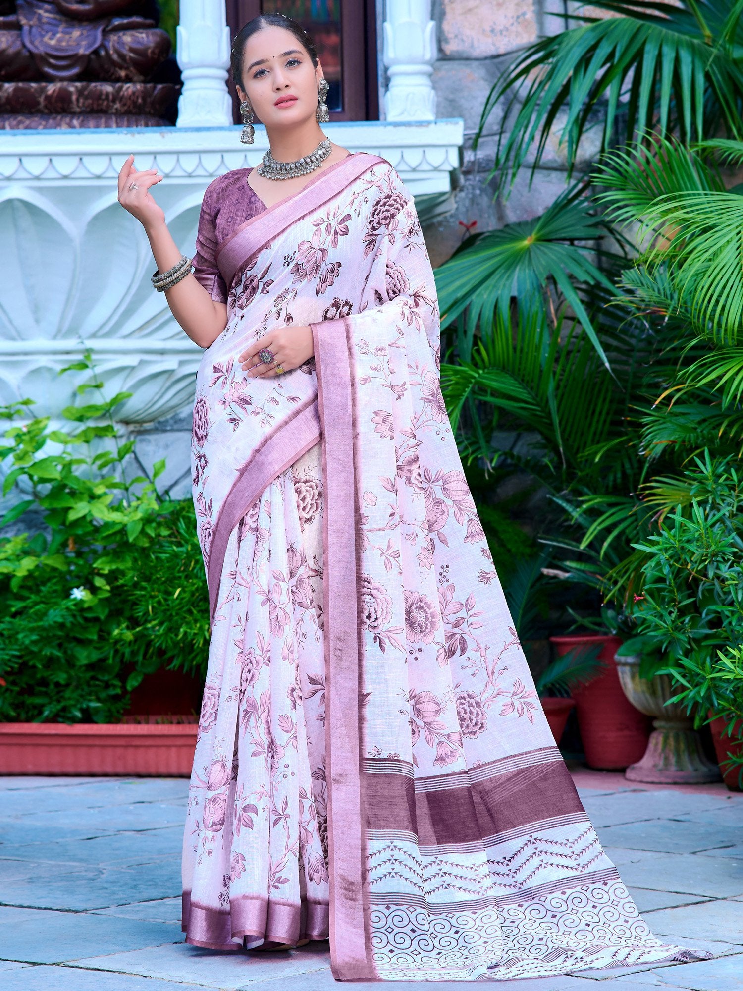 White White Block Print Cotton Linen Digital Print Saree