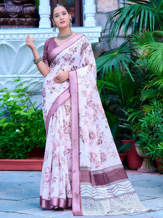 White White Block Print Cotton Linen Digital Print Saree