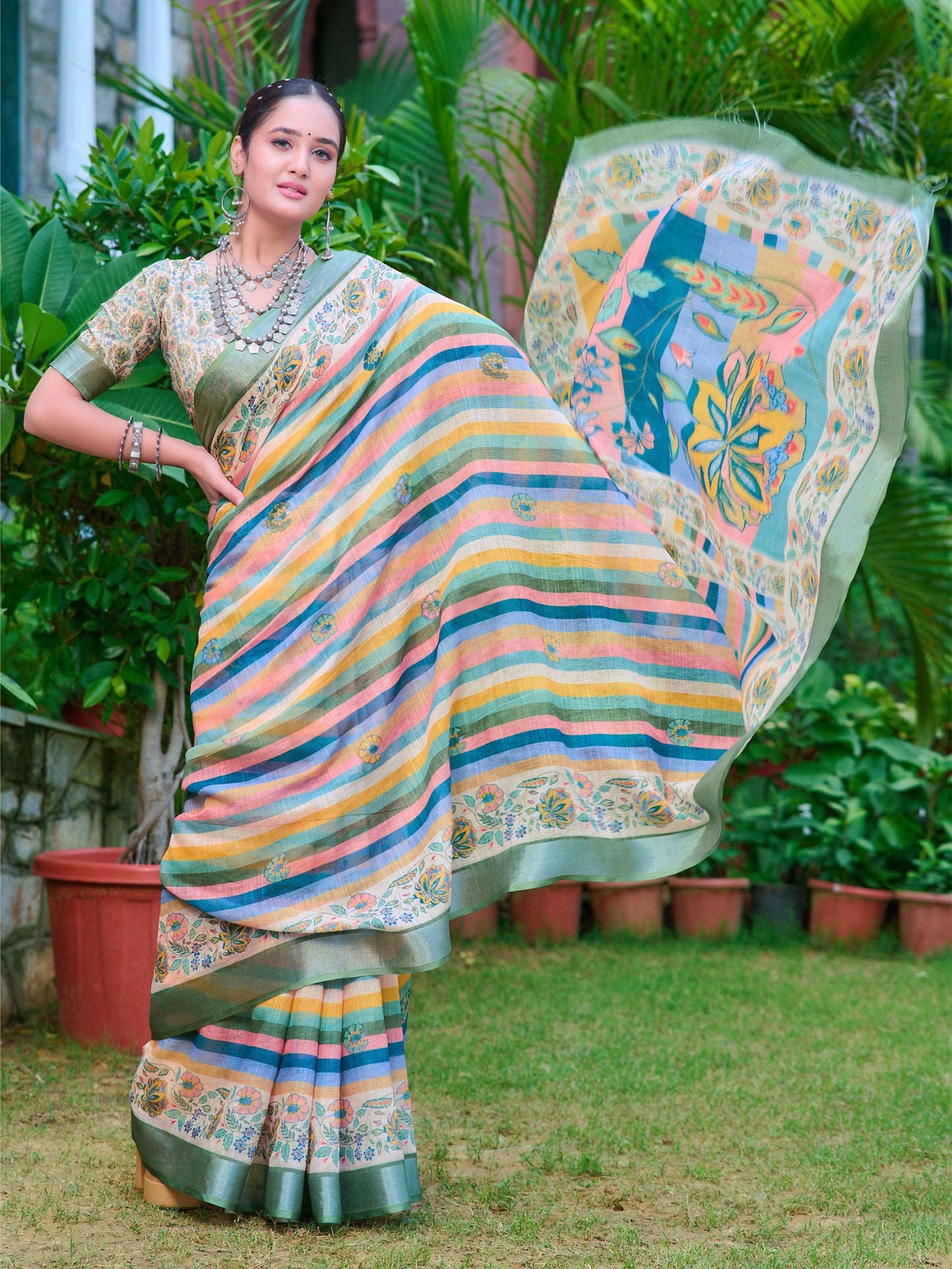 Multicolored Leheriya Cotton Linen Digital Print Saree