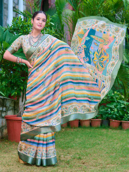 Multicolored Leheriya Cotton Linen Digital Print Saree