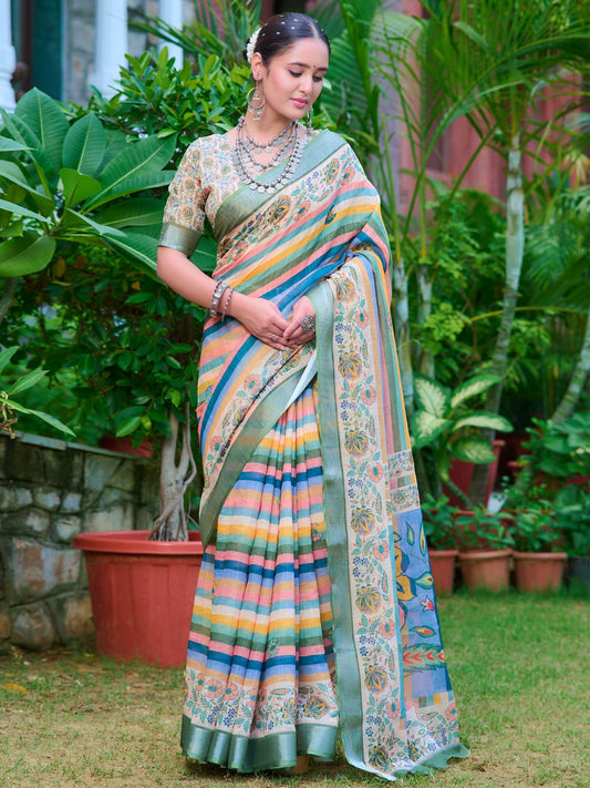 Multicolor Multicolored Leheriya Cotton Linen Digital Print Saree