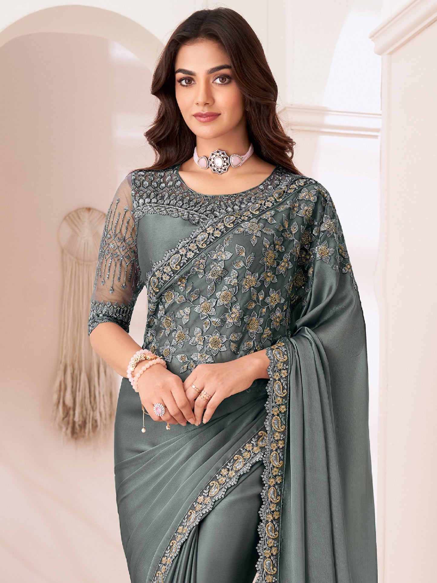 Grey Party Wear Satin Silk Embellished Saree