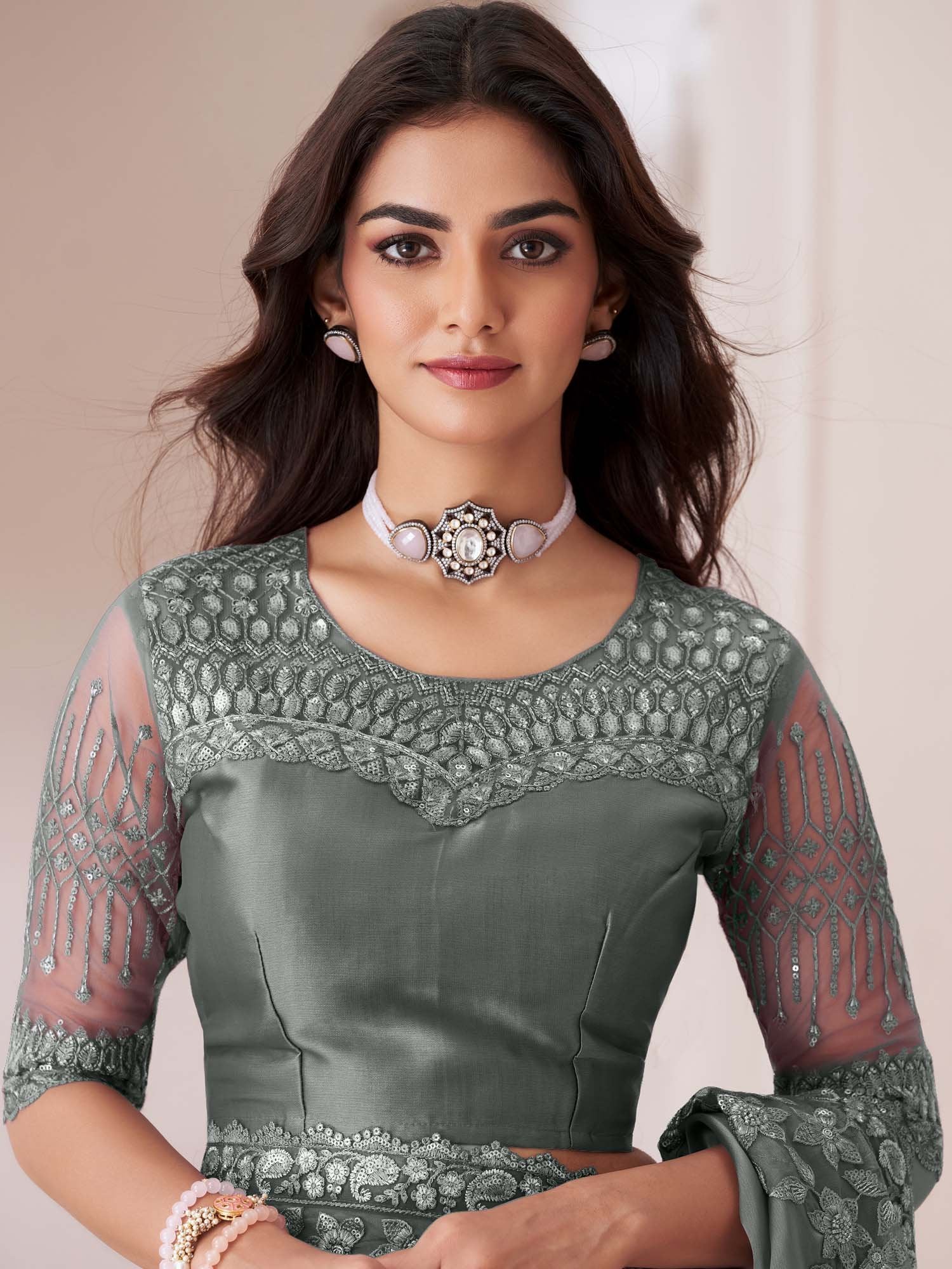 Grey Party Wear Satin Silk Embellished Saree