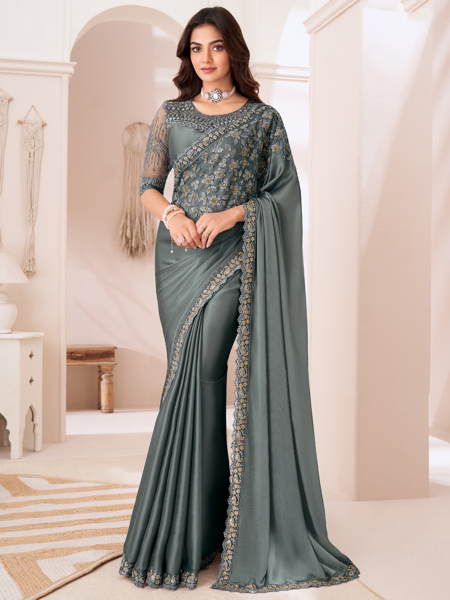 Grey Grey Party Wear Satin Silk Embellished Saree