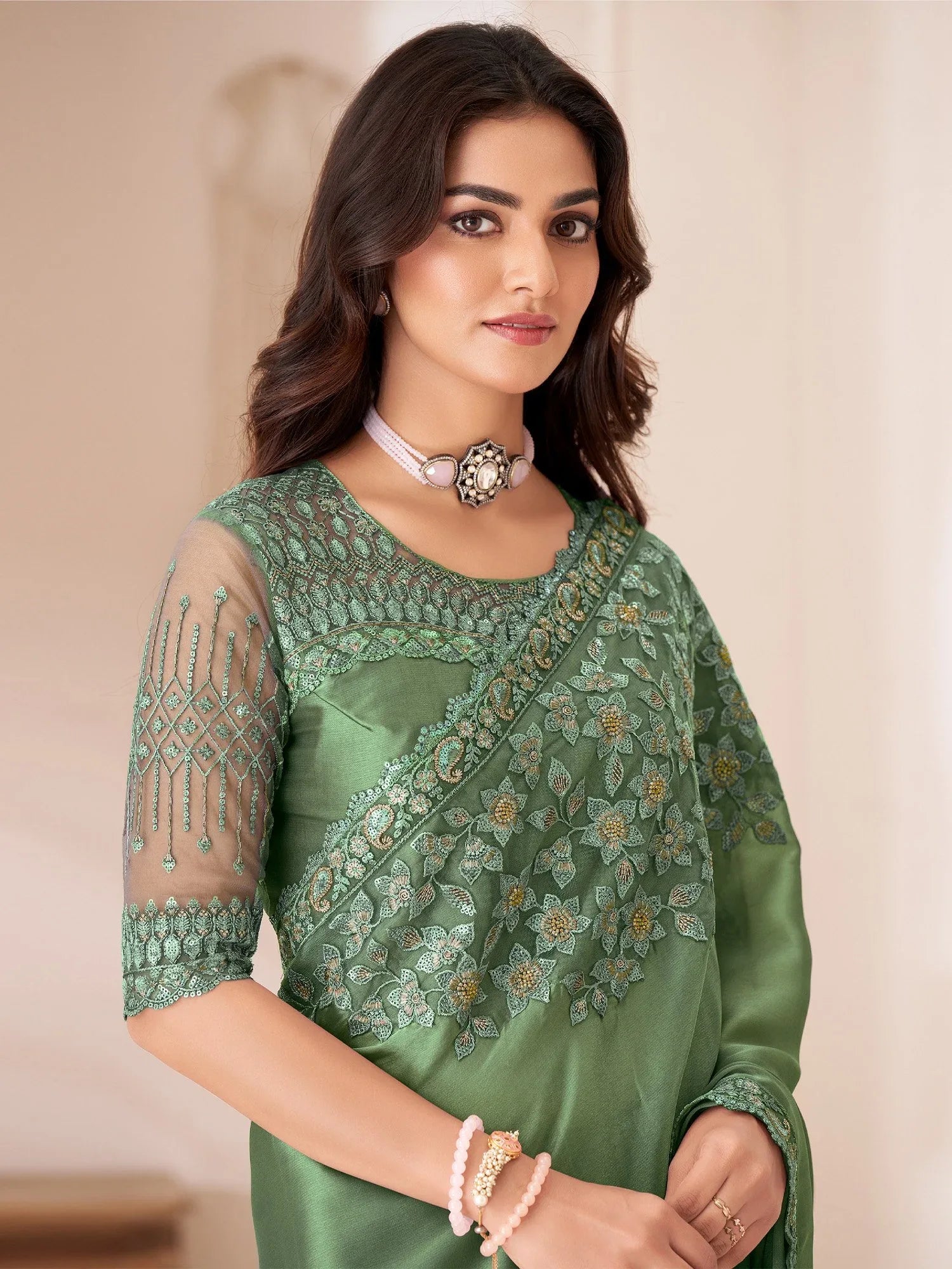 Green Party Wear Satin Silk Embellished Saree - The Dori Store