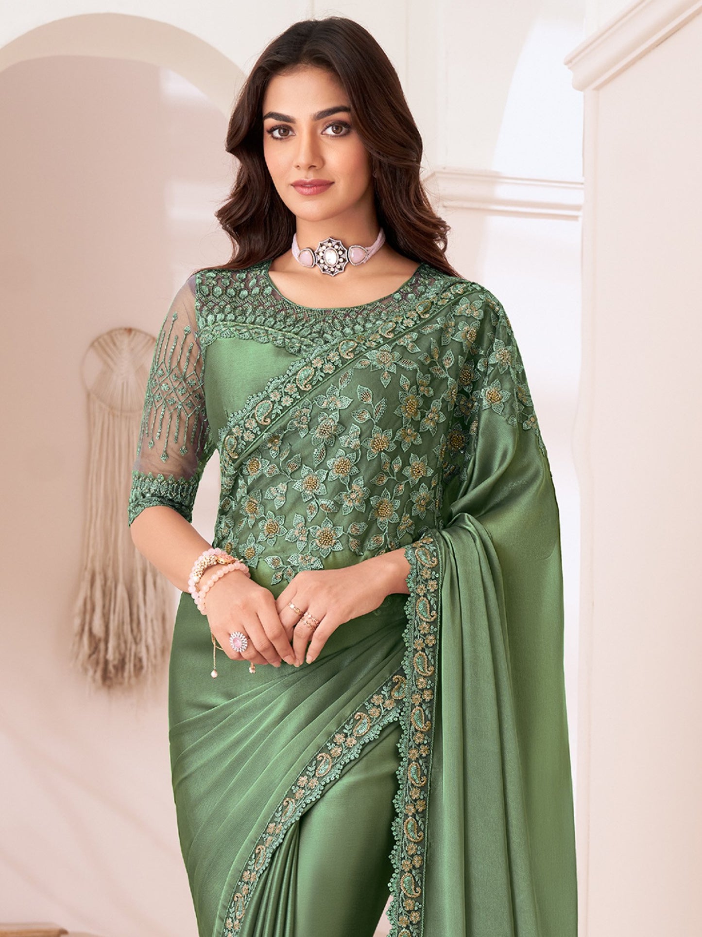 Green Party Wear Satin Silk Embellished Saree
