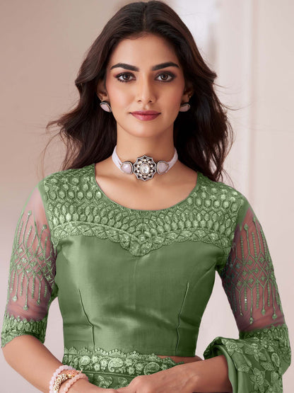 Green Party Wear Satin Silk Embellished Saree