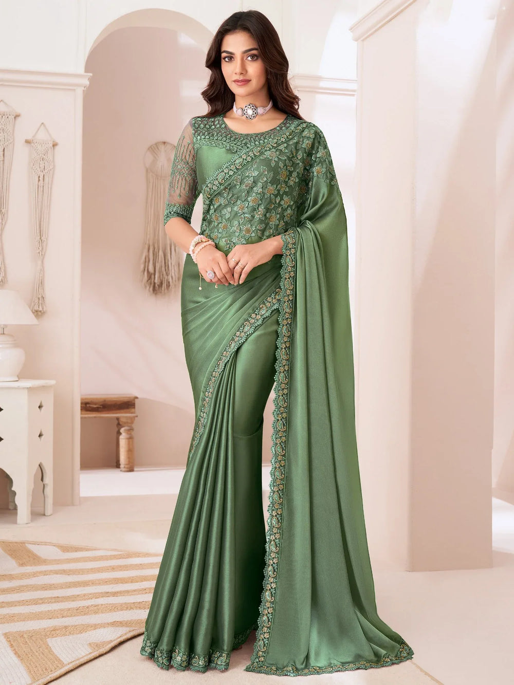 Green Party Wear Satin Silk Embellished Saree - The Dori Store