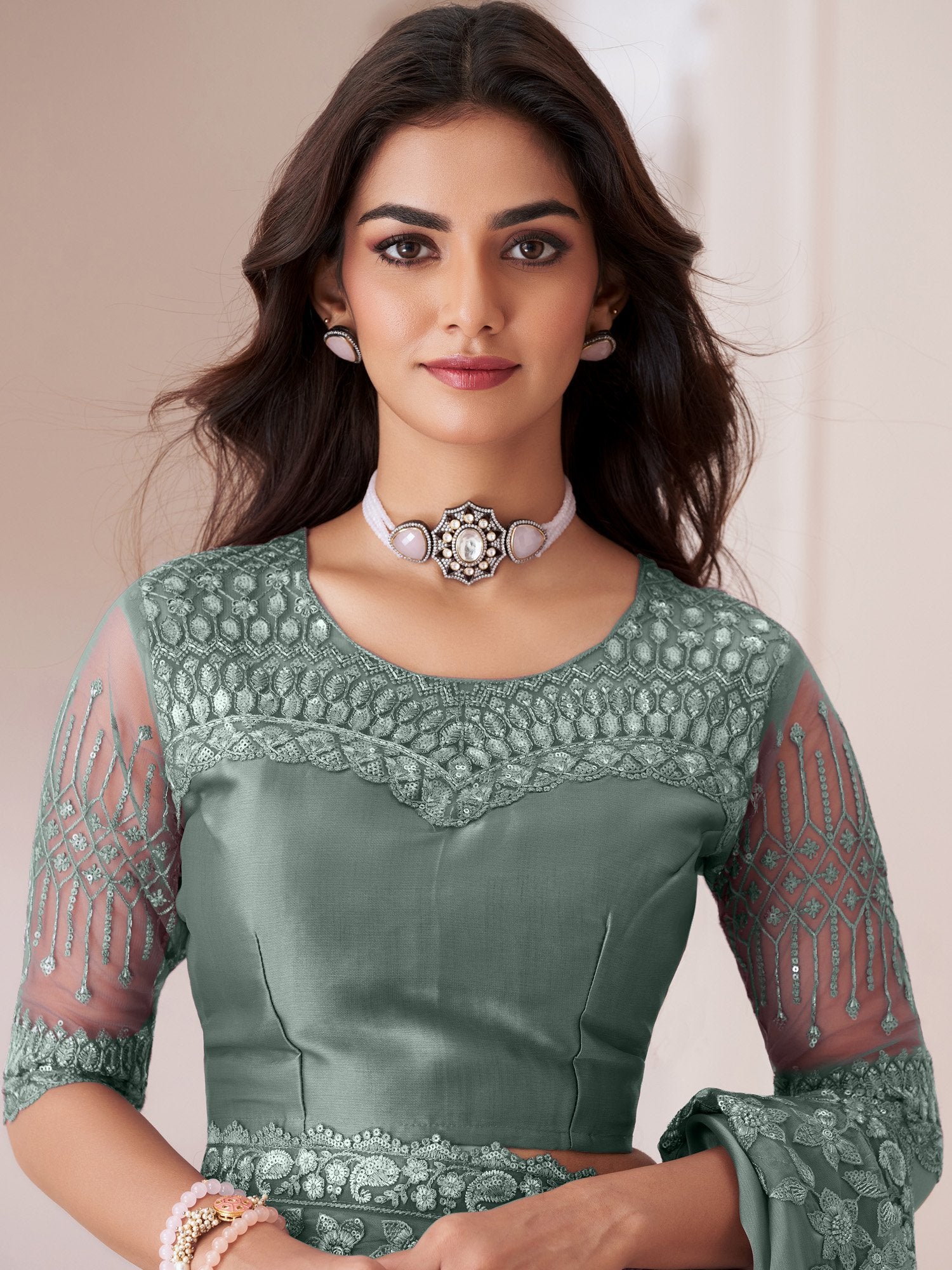 Teal Greyish Blue Party Wear Satin Silk Embellished Saree