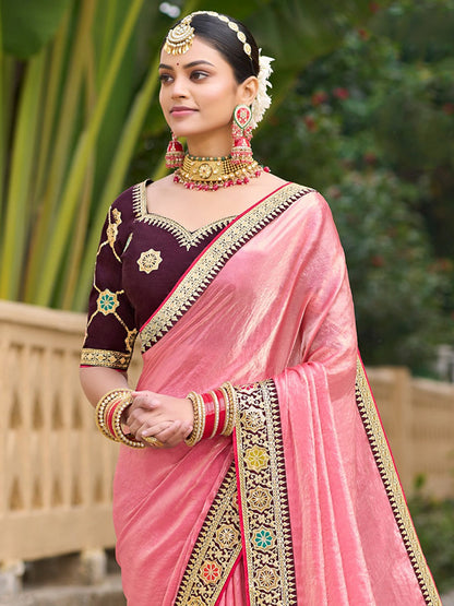 Pink Party Wear Satin Silk Embellished Saree
