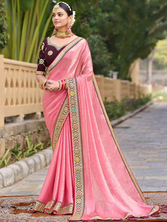 Pink Pink Party Wear Satin Silk Embellished Saree