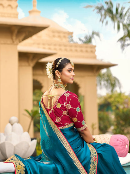 Blue Party Wear Satin Silk Embellished Saree